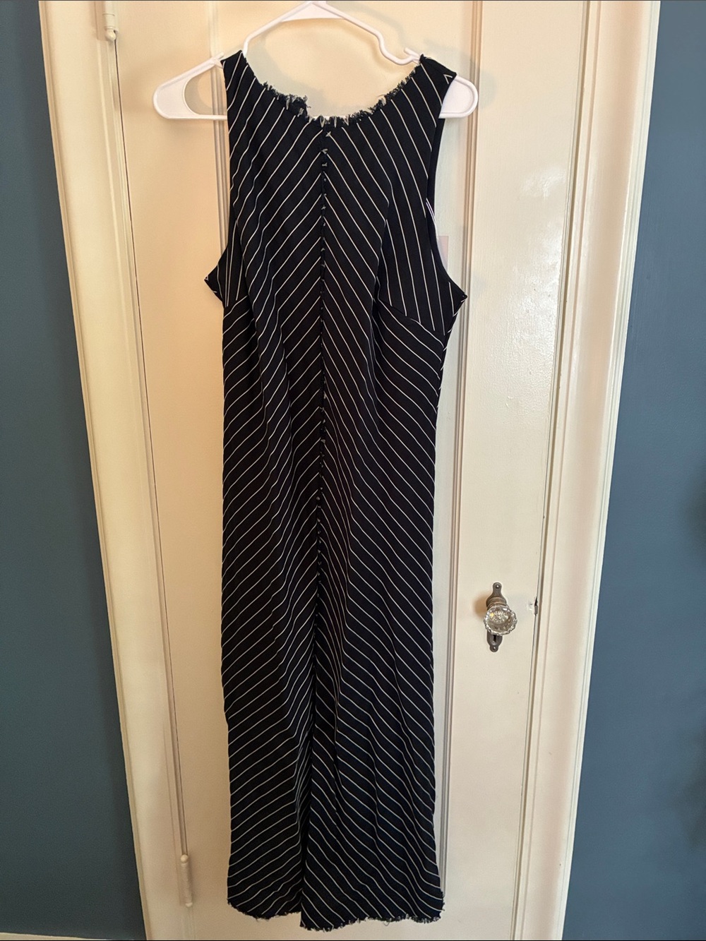 Navy Blue Pinstripe Frayed Raw Edge Sleeveless Maxi‎ Dress FB7224LWL Large
